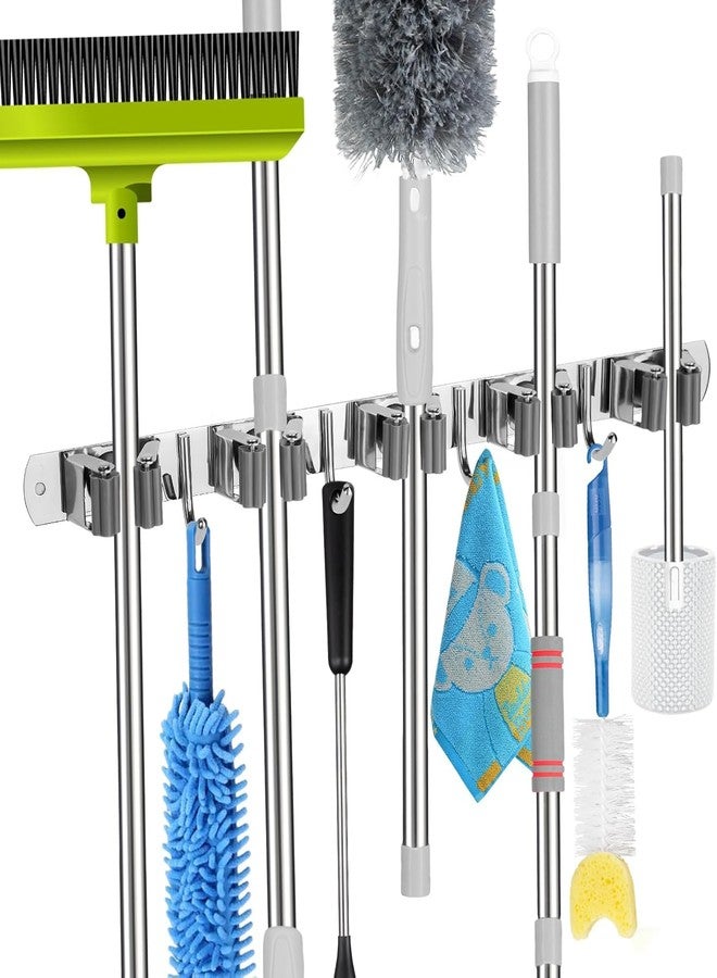 JD FRESH 1 Pcs Stainless Steel Mop and Broom Holder Wall Mount 5 Slot & 6 Hook Anti Slip Heavy Duty Waterproof Broom Hanger Stand Organizer Tool for Kitchen Home Garden Bathroom Garage (Silver) - Image 1